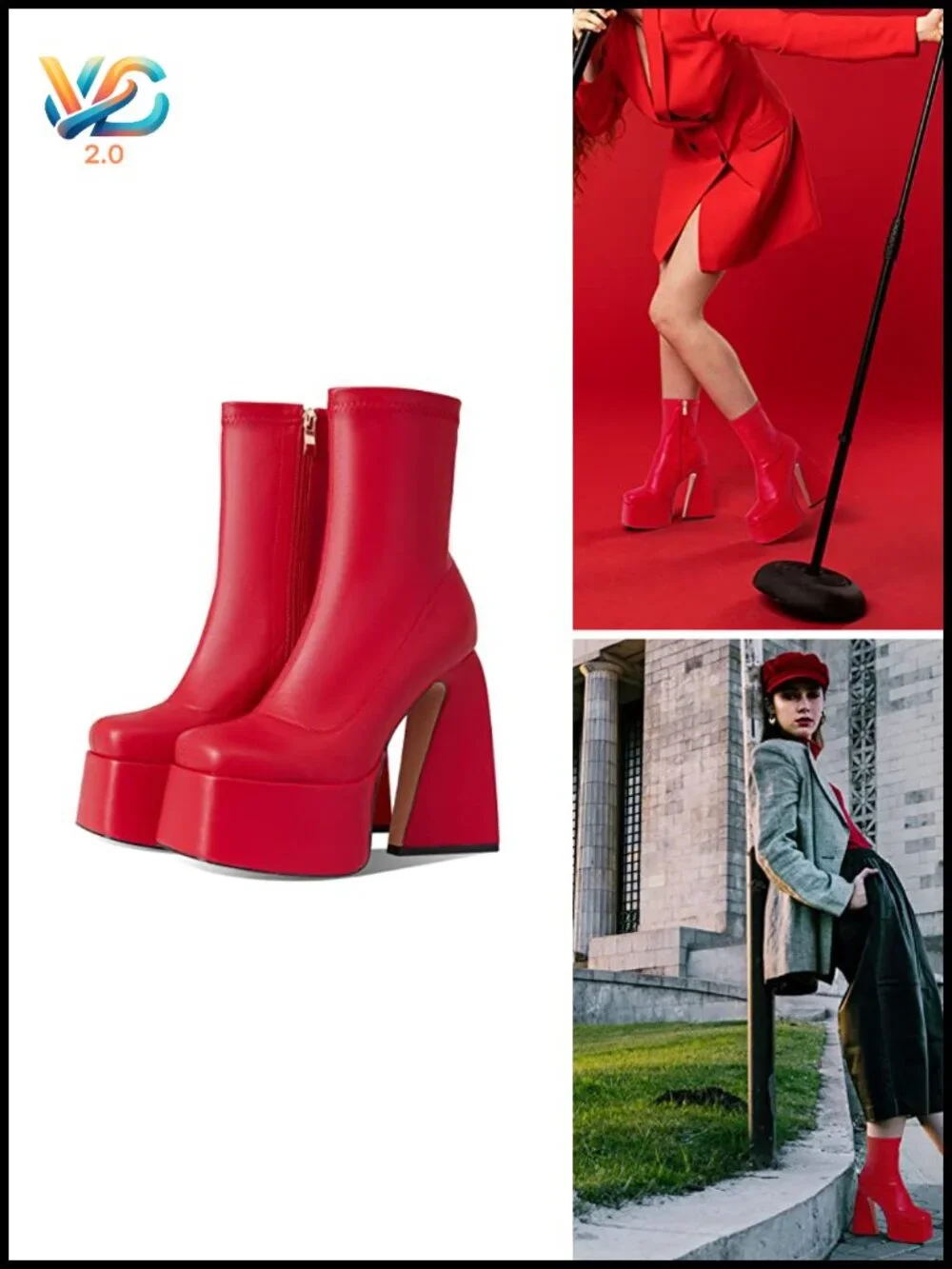 Mid Calf Square Toe Chunky High Heel Platform Boots with Side Zipper